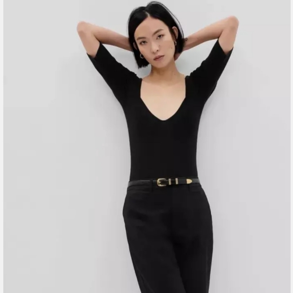 🛍NWT GAP Rib Corset Bodysuit Black ribbed knit elbow length sleeves size large - Picture 2 of 15